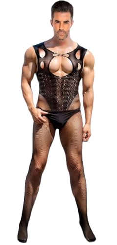 WOSE Sexy Bodystocking Ouvert für Herren, Herre Strumpfhosen Strumpfgürtel, Hohle Jumpsuit Fishnet Stockings Netzbody für Herren, Sissy Dessous Männer Große Größen