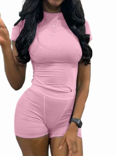 AYWA Two Piece Outfits for Women Fitted Crew Neck T-shirt High Waist Leggings Biker Shorts Matching Sets Streetwear (Pink-shorts Medium)