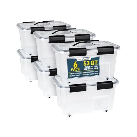 Lifemaster Stackable Storage Box Set – 6 Pack, 53 Quarts Each | Multi-Purpose, Space-Efficient Boxes with Nestable Design, Secure Latches, Easy-Move Wheels & Pull-Out Base – Clear Cover