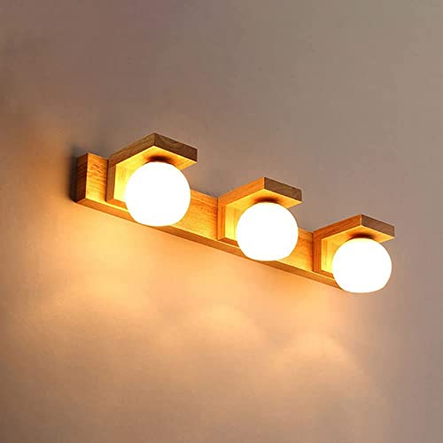 Applique murale en bois avec abat-jour verre blanc pour miroir salle de bain