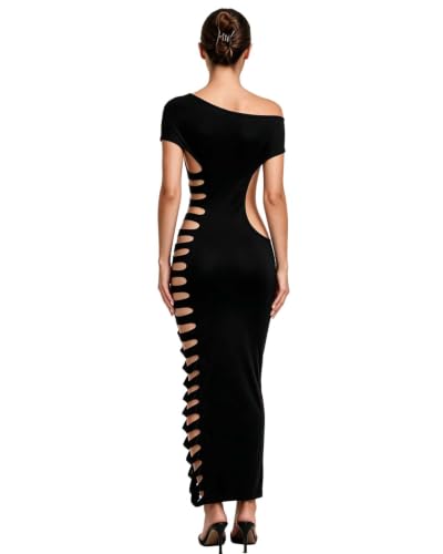 Image of Women's Sexy Sleeveless Hollow Out Maxi Dress Tassel See Through Backless Bodycon Party Club Long Dress