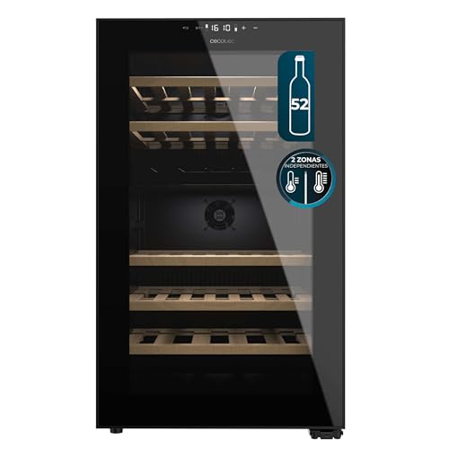 Cecotec Vinoteca 52 Botellas con Doble Zona Temperatura Bolero GrandSommelier Duo 52000 Black. Compresor Integrado, Iluminación LED, Display LED Interior, Funcionamiento Silencioso, 5 Estantes Madera