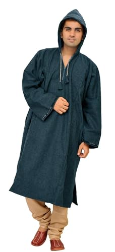 Image of Exotic India Men's Woolen Blend Kashmiri Phiran with Hood | Pure Wool Long Overcoat-Oversized Phiran for Men