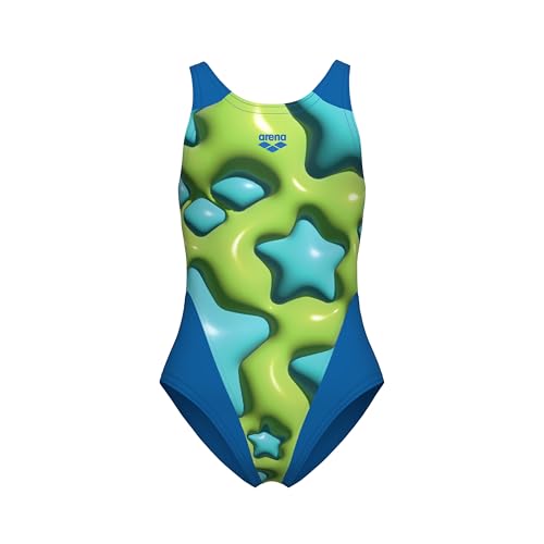 ARENA Girl's Performance Star Shaped Swim Tech Back One Piece Swimsuit Athletic Competitive Swimming Training Chlorine Resistant Swimwear, Blue River/Soft Green Multi, Size 8-10(26)
