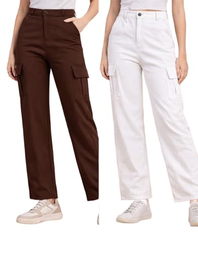 Image of Women's Cargo Pants High Waisted Baggy Wide Leg Cargo Trousers Casual Loose Fit 4 Pocket Utility Streetwear Fashion Work Bottoms, White Black Pink Lavender Beige Brown