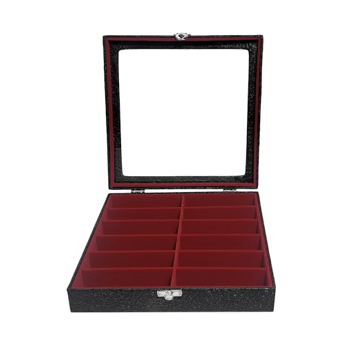Estojo Porta Óculos 12 Casulos Preto Com Interno Aveludado Vermelho Caixa Organizador Maleta para Óculos