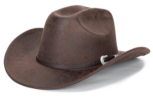 Eohak Western-Cowboy-Sombreros para mujeres-hombres-marrón-cuero-pu-cowgirl-sombrero de ala ancha-sombreros de caballero turístico Outback (M-L), Marrón: piel sintética, M