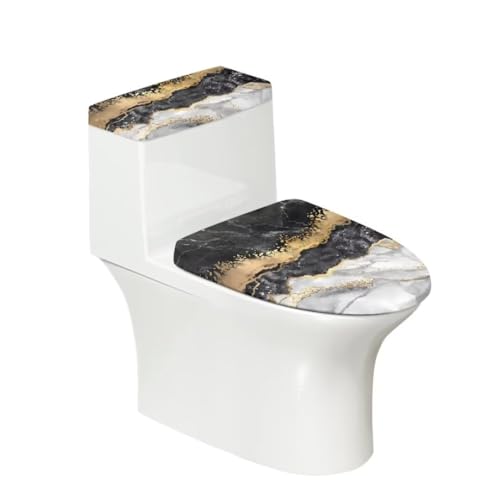 Qznuberone Toilet Lid Covers for Bathroom,Machine Washable Toilet Seat Cover Anti-Slip Elastic Edge,Black White Gold Marble Toilet Lid Dust Pad and Toilet Tank Lid Pad
