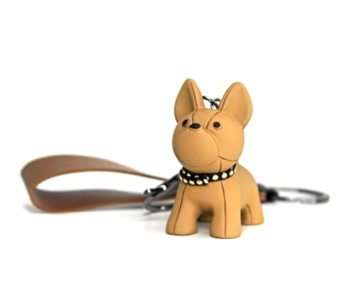 DUB SPENCER Süßer French Bulldog Hunde Miniatur Figur Schlüsselanhänger als Französische Bulldogge mit Leder Anhänger, Karabiner & Schlüsselring in 4 Farben + Aufkleber (Braun)
