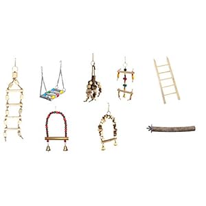 KSK 8 Pack Bird Parrot Chewing Swing Toys Set, Bird Hanging Bell Perches, Parrot Hammock Wooden Cage Stands for Small Parakeets, Cockatiels, Conures, Love Birds, Finches.