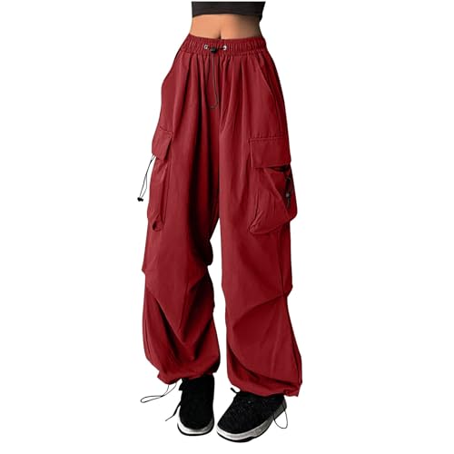 Teen Girls Y2K Cargo Parachute Pants Baggy Wide Leg Casual Track Pants Elastic Waist Lightweight Joggers Hiking Pants