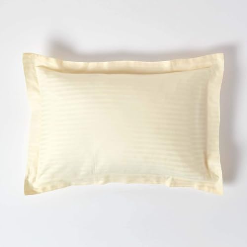 Image of HOMESCAPES Pastel Yellow Pure Egyptian Cotton Oxford Pillowcase Standard Size 330 TC 500 Thread Count Percale Equivalent Satin Stripe Pillow Case Pack of 2