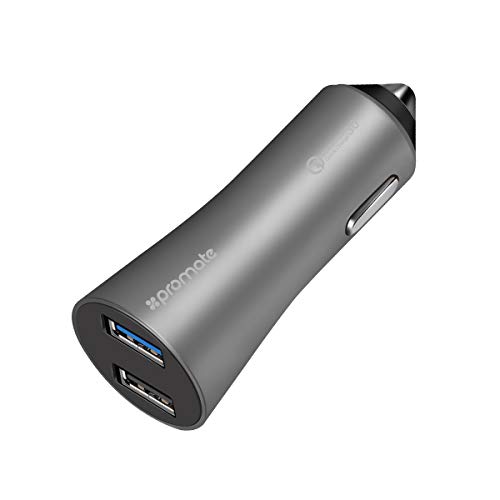 Promate Autolader, high-performance Qualcomm snellader 3.0 Dual-USB-poort autolader met kortsluit- en overbelastingsbeveiliging voor smartphones, tablets, GPS, iPod, robuuste QC3, grijs