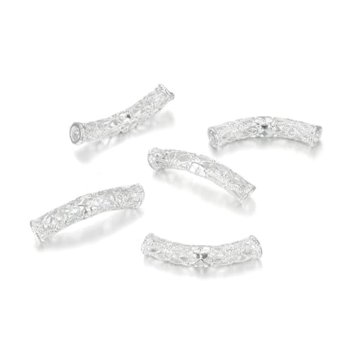 10pcs Filigree Flower Large Hole Curved Noodle Tube Loose Beads 30mm Spacer Sterling Silver Plated Brass for DIY Craft Jewelry Making CF51