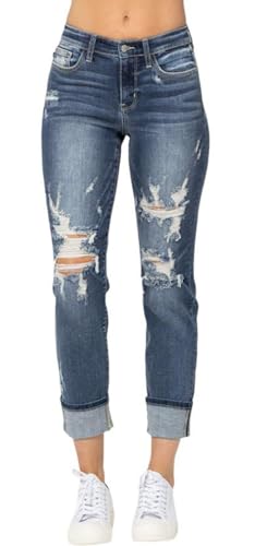 Judy Blue Women's Mid-Rise Cuffed Destroy Boyfriend Jeans