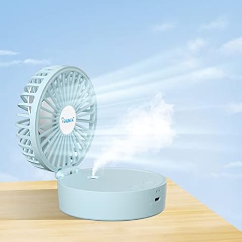 I-SHUNFA Portable Folding Fan, 2000mAh Battery-Powered Desk Fan, 3-Speed Wind Speed With 7-Color Night Light, 17ml Humidifier, Portable Desk Fan for Travel, Outdoor, Home, with Lanyard Fan(Bule) Cover