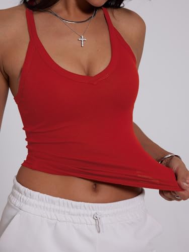 Image of Danysu V Neck Racer Back Tank Top for Women Padded Ribbed Long Tank Fitted Basic Cami Tops
