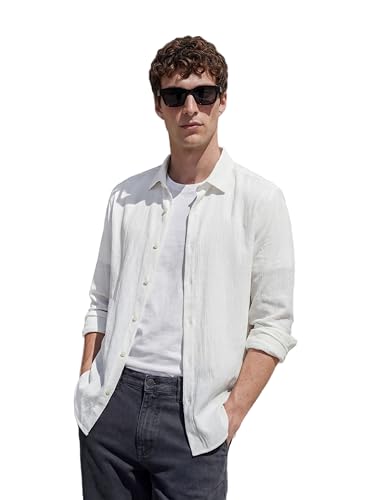 Image of SNITCH Men Casual Shirt | Slim Fit Long Sleeve Spread Collar Vertical Crinkle Textured Pattern | Breathable Polyester Blend & Stretchable Fabric for Casual Outing & Everyday Use