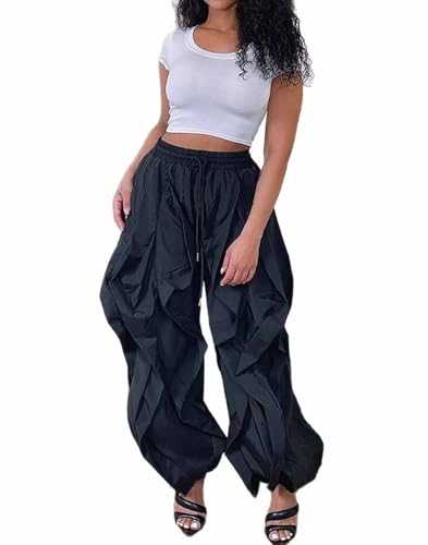Yuopeid Women's Stretchy High Waist Drawstring Long Pants Solid Color Loose Casual Clubwear Cargo Baggy Trousers