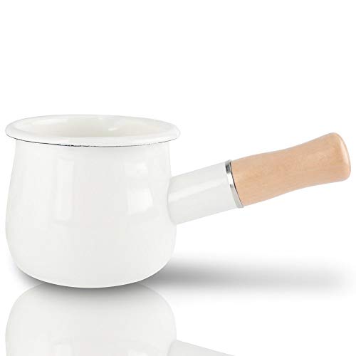 Glayent Sartén esmaltada para leche, mini calentador de mantequilla de 10 cm, cacerola esmaltada con mango de madera, tamaño perfecto para calentar porciones líquidas más pequeñas (blanco)