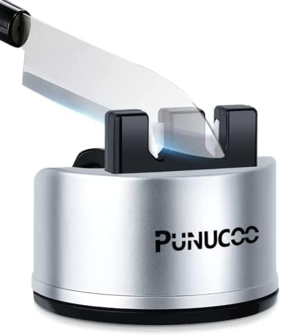 Punucoo Knife Sharpeners, 2-Stage Pocket Knife Sharpener, Suction Cup Knife Sharpener Hands-Free, 10s Quick Sharpening Knife & Scissors Sharpener Silver