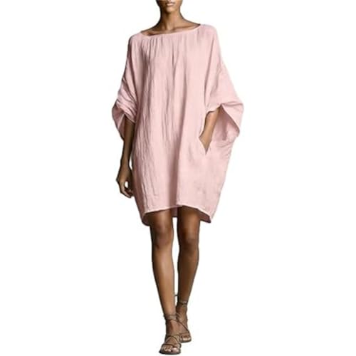 Minivestido Holgado con Manga de murciélago y Mezcla de Lino y algodón para Mujer, Vestido a Media Pierna Suelto y Casual (3XL,Rosa)