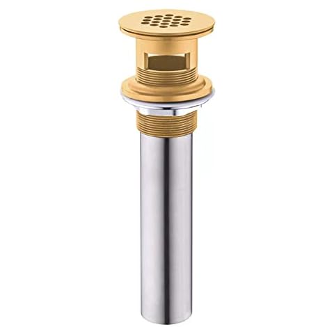 Vessel Sink Drain, Grid Drain Strainer Assembly with Overflow for Bathroom Sink, Made of Brass Brushed Gold Cover