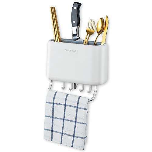 Porte Ustensiles De Cuisine Pour Ustensiles De Cuisine à Suspendre Avec 3 Diviseurs, Porte Couverts En Plastique Pour Fourchette CuillèRe Couteau Spatule, Cadeau Pour Pendaison De CréMaillèRe… (Blanc) Cover