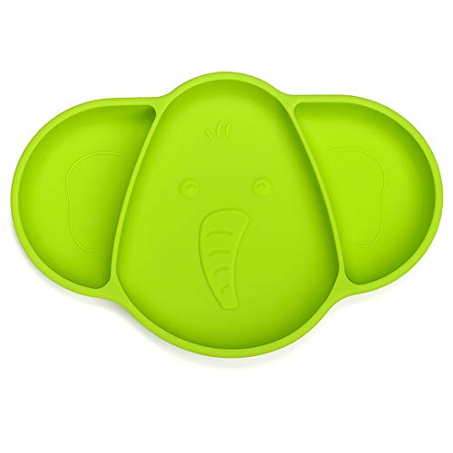 Assiette Ventouse pour Bébé,iKiKin Assiette Bebe en Silicone pour Bébé et Tout-petits, Sans BPA, Certifié par la FDA, Allant aux Micro-ondes et Lave-vaisselle(d'éléphant, Vert) Cover