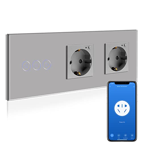 BSEED BSEED Interruptor Regulador de Luz WiFi con Enchufe Doble,Compatible con Alexa y Google Home,Control de APP y Función de Temporizador,WiFi Interruptor de Luz Atenuador con Enchufe Inteligente Gris