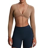 Picture of Aoxjox Long Sleeve Crop Tops for Women Sienna Twist Deep V Workout Cropped T Shirt Top (Brownie, X-Large)