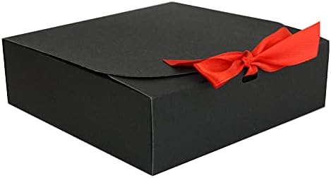 Emartbuy Pack of 12 Square Shaped Presentation Gift Box, 24 cm x 24 cm x 5 cm, Easy Assembly, Black Box with Bow Ribbon