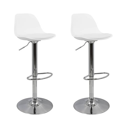 Vaukura Taburete de Bar Juego de 2 | Taburetes Regulables en Altura en Piel Sintética Blanco | Taburete de Cocina Giratorio 360° | Base de Acero Cromado con reposapiés Estilo Moderno Cocina y Barra