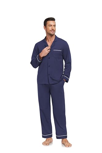 COLORFULLEAF Men's 100% Cotton Pajamas Set Button Down Long Sleeve Sleepwear with Pockets(Navy Blue XL)2