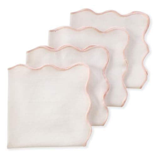 Scalloped Cloth Napkins, Soft 100% Cotton Dinner Napkins with Embroidered Wavy Edges, 18x18 Inch Washable Reusable Table Linen for Dining, Weddings, Table Decor, 4 Pack, White with Pink Trim
