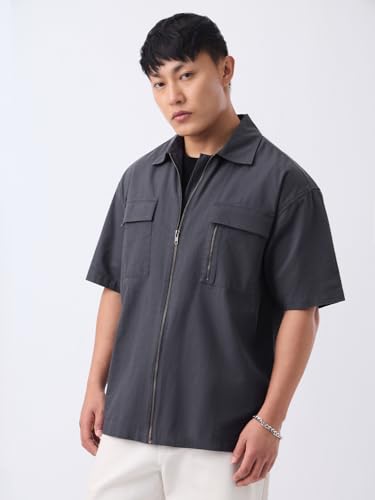 Image of The Souled Store Zipper Shirt: Men and Boys Short Sleeve Spread Collar Zipper Front Solid Textured Regular Fit Casual Easy to Style Everyday Office Wear Cotton Shirt