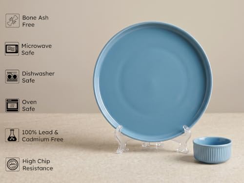 Image of Bodhi House 12-Piece Ribbed Porcelain Dinner Set for 6, 6 Dinner Plates & 6 Katori, Chip Resistant, Lightweight, Microwave & Dishwasher Safe Crockery Set for Home, Dining & Gifting, True Blue