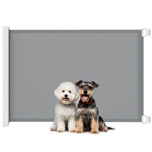 PawHut Cancellino per Cani Estensibile fino a 115 cm con Viti e Gancio, Cancelletto di Sicurezza in Poliestere e Acciaio, 115x82.5 cm, Bianco e Grigio
