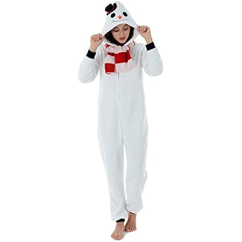 Autumn Faith Womens Frosty The Snowman Fleece All in One Pyjamas with Hood Ladies Christmas Novelty PJs Jumpsuit Sleepsuit Xmas Nightwear Medium UK 12-14 Cover