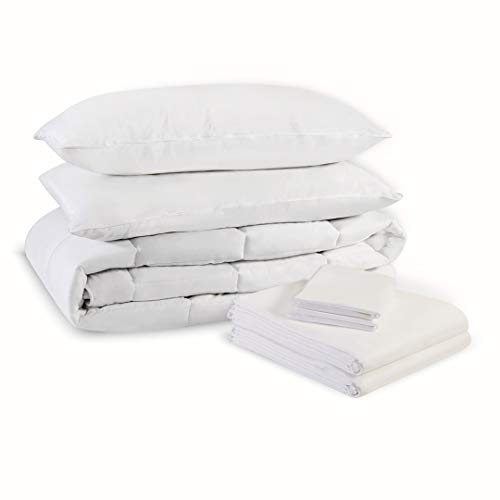 white chamber Ensemble de literie et de Parure Linge de lit de hôtel de Luxe, 1couette + 4 oreillers - 1 Drap Plat + Housse de Couette+ 4 taie Oreiller, Double King, Deux Personnes 180/200x200 Cover
