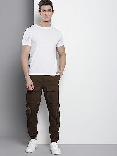 Image of The Indian Garage Co Men Regular Fit Solid Mid-Rise Elasticated Cuffed Cargo Joggers