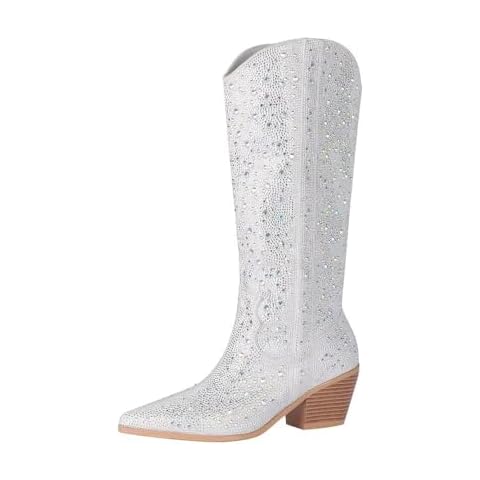 vimitty Women's Rhinestones Cowboy Boots Sparkly Cowgirl Boots Pointed Toe Block Heel Western Knee High Boots Glitter Cowboy Boots With Side Zipper Cover