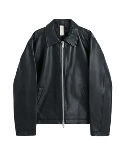 Image of EXOTIX Black Leather Jacket for Men | Collared Zip-Up Classic Style | Crop Fit Racing Sports Bomber Jacket | Premium Leather Regular Fit Jacket for Casual & Biker Wear