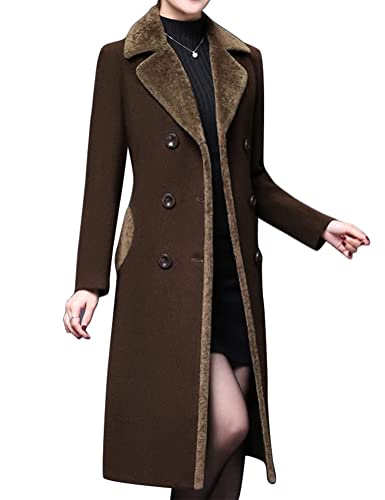 IDEALSANXUN Long Wool Coats for Women 2025 Fall Winter Fur Collar Double Breasted Trench Coat Peacoat Dressy Tweed Blazer Jackets(Brown, M)