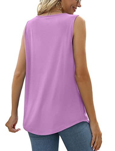 Image of Saloogoe Summer Tank Tops for Women Loose Fit Pleated Square Neck Sleeveless Tops Curved Hem Flowy