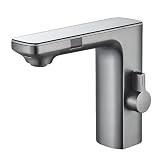 Hevenaov Infrarot Sensor Wasserhahn Bad Grau, Automatisch Sensor Mischbatterie Bad Digitalanzeige Bildschirm Warmes Kaltwasser Mischbatterie Armatur Waschbecken