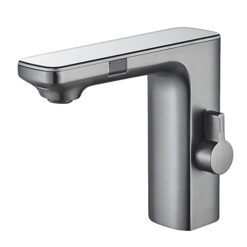 Hevenaov Grifo con sensor infrarrojo baño gris, sensor automático mezclador baño pantalla pantalla caliente agua fría grifo mezclador grifo lavabo