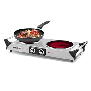 CUSIMAX Electric Hob, Hot Plates for cooking Portable Double Hob with Handles Infrared Cooktop & Dual Temperature Control, 2 Hob Rings (900W & 1200W) Easy to Clean, Stainless Steel