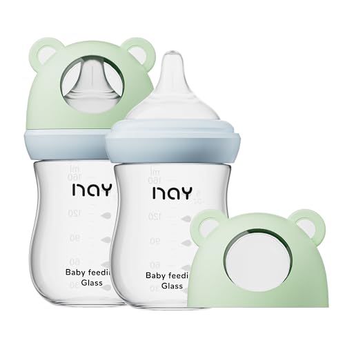 Image of yanyoyo Natural Glass Baby Bottle for Breastfeeding Babies, 5.4oz Anti-Colic Baby Bottle with Natural Response Nipple(S), Clear, Wide Neck, 2 Pack, 1 Months+