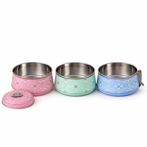 Image of iHandikart Handpainted Decorative Lunch Box Tiffin | Multiple Tier Stainless Steel Food Box | Designer Indian Print Tiffin for School | Diwali Gift, Navratri Gift (Color - Multicolor)